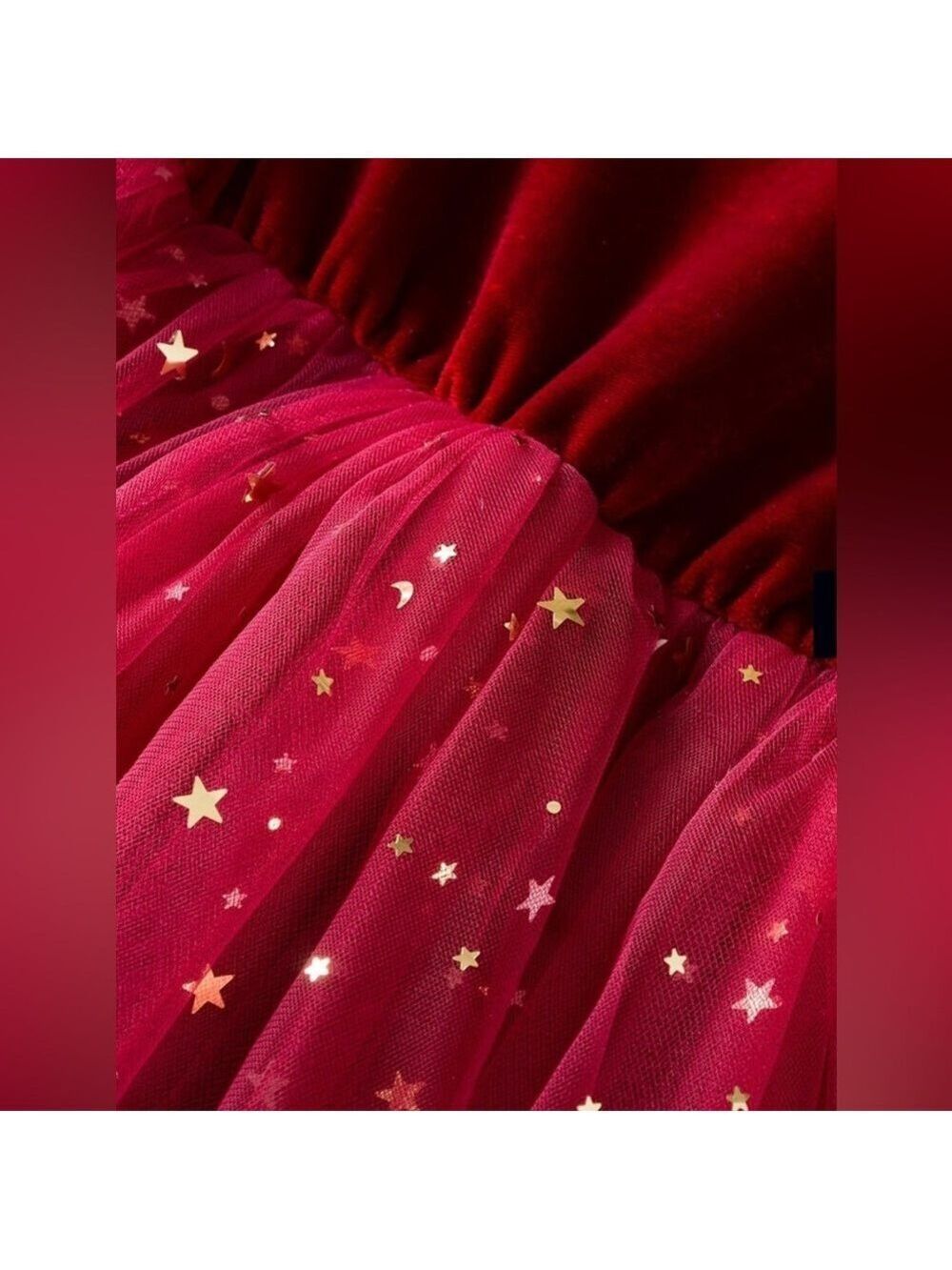 NNJXD Princess Girl Long Sleeve Red Velvet Gold Star Tulle Party Dress - Picture 6 of 15